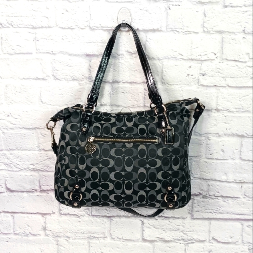 Coach black and gray signature canvas and leather satchel bag